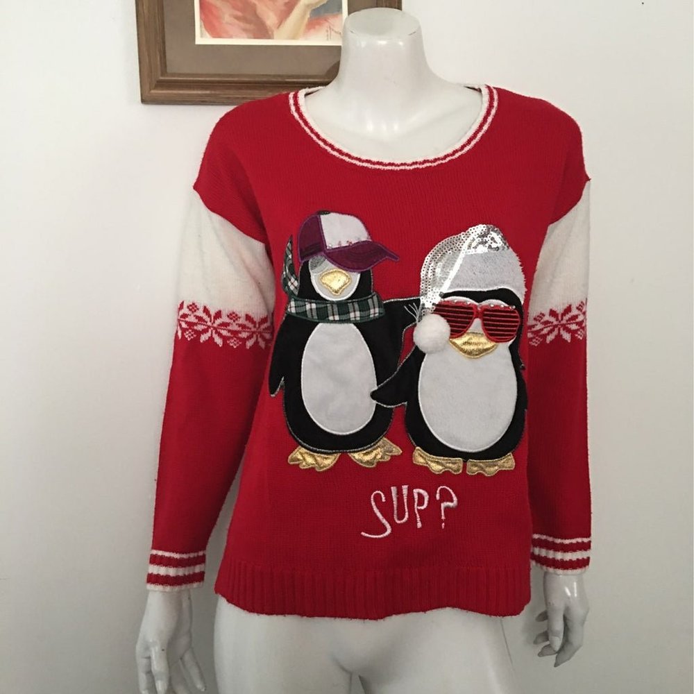 TWO Ugly Christmas Sweaters TWIN Red sz LG &MED Penguin "Sup"